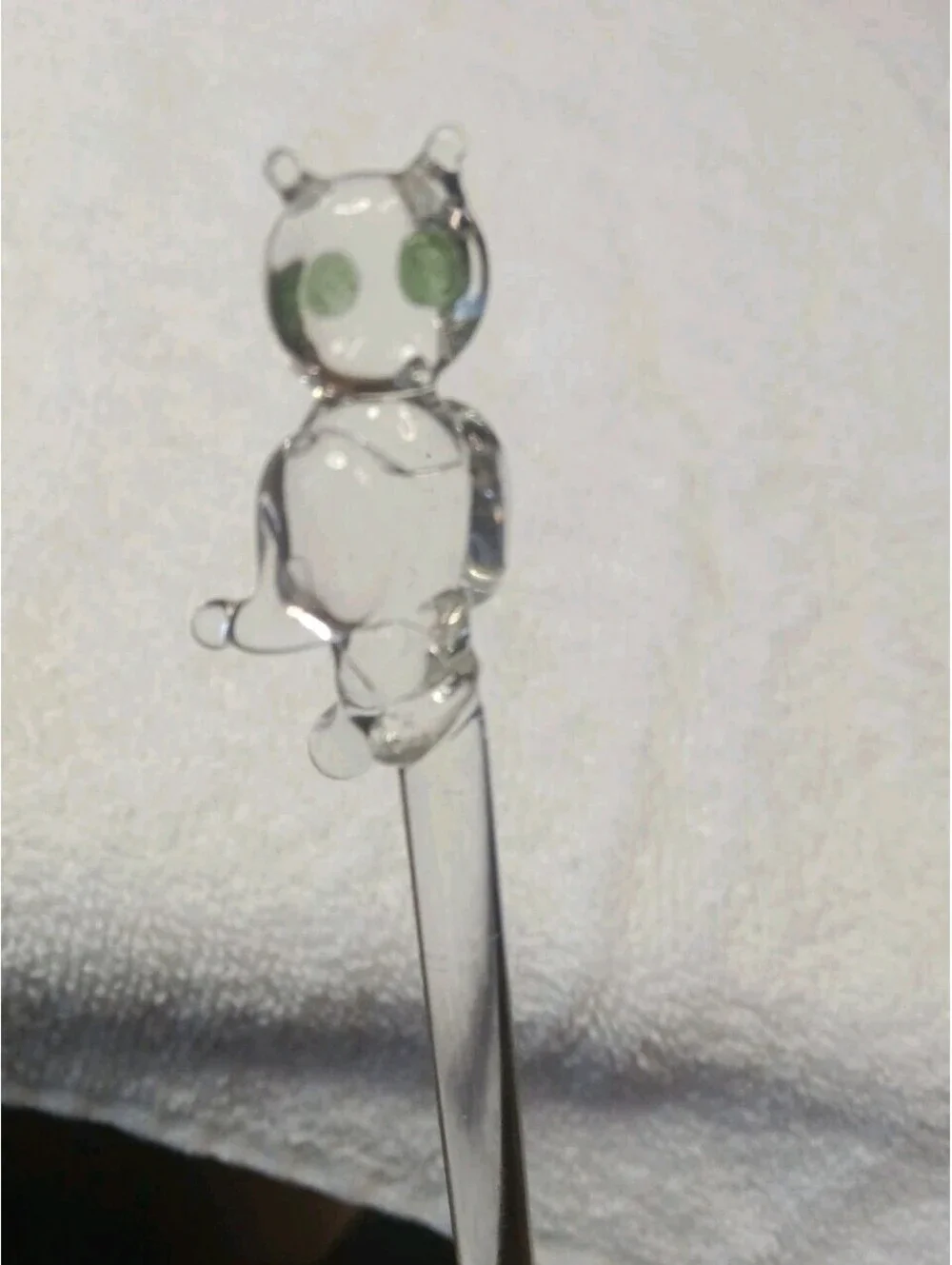 Vintage Mid-Century Hand-Blown Art Glass Owl Swizzle Stick – Green Eyes